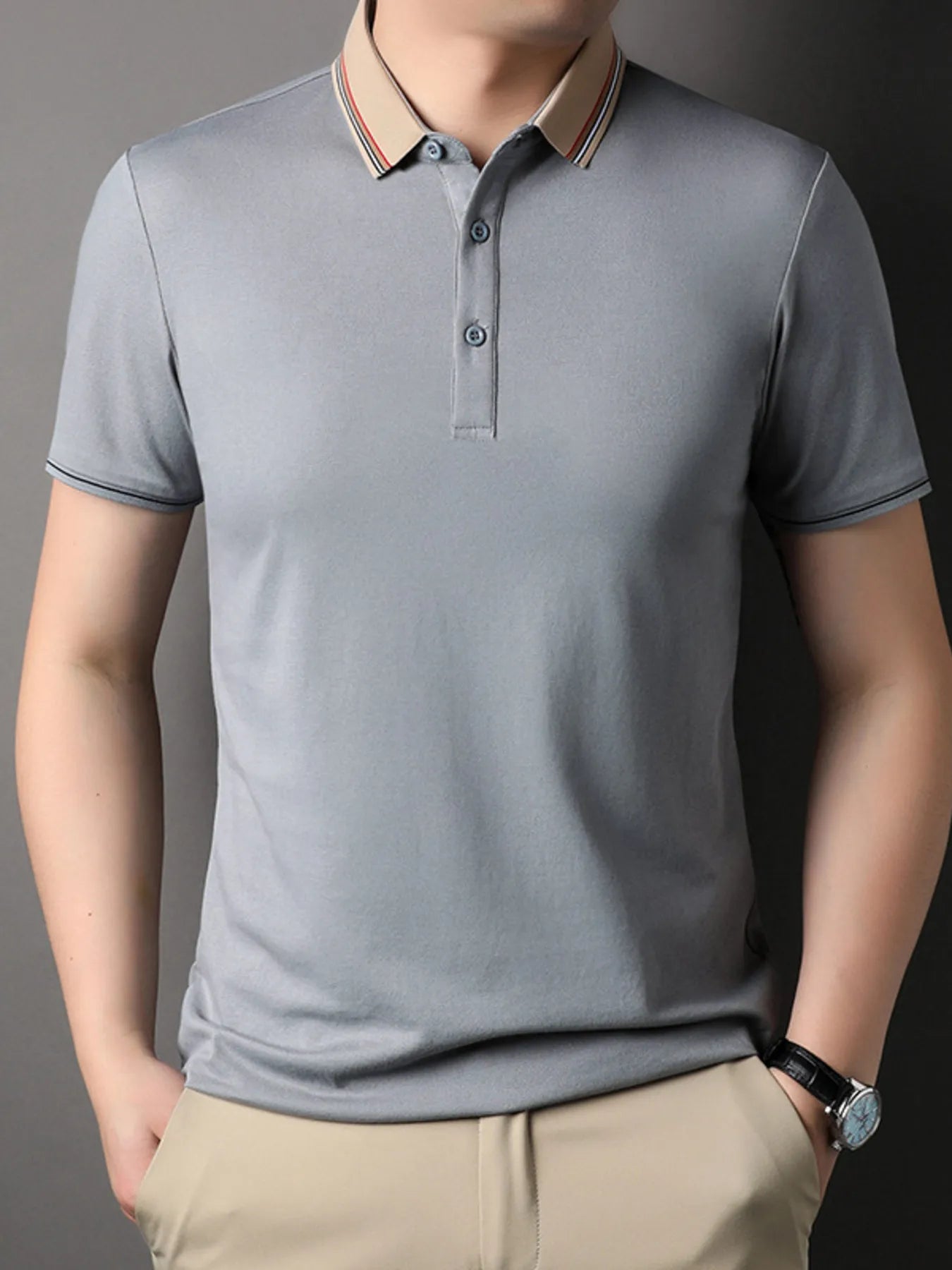 Men's Plus Size Striped Collar Short Sleeve Casual Polo Shirt - Velora
