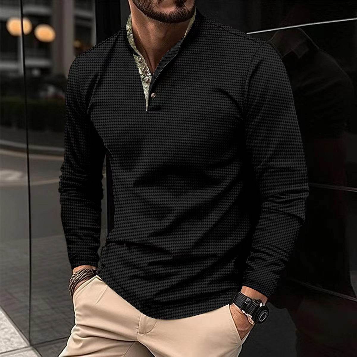 Men's Double Layer Lapel Polo Shirt Fashion Waffle Long-sleeved Tops Clothing - Velora