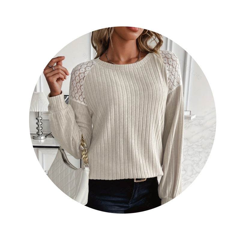 Comfort And Casual Lace Stitching Solid Color Pullover Long Sleeve Top - Velora