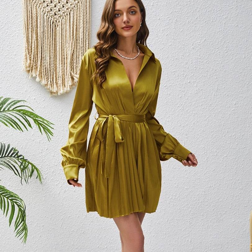 Design Sense Lace-up Long Sleeve Pleated Dress Solid Color Wrap V-neck - Velora