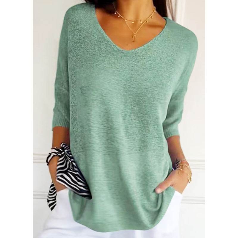 Solid Long Sleeve Sweater Slimming V-neckline Knitwear Women's Bottoming Shirt - Velora