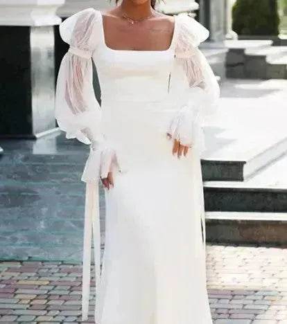 Women's Ruffled Long Sleeve Banquet Temperament High Waist Mop White Wedding Party Fish Tail Styled Dress Mermaid Dress