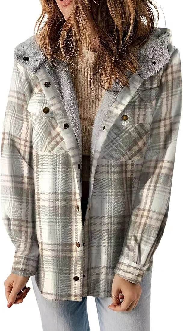 Casual Plaid Hooded Woolen Coat Thickened Fleece-lined Warm Jacket - Velora