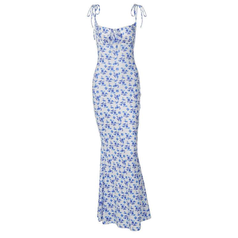 Fashion Flowers Print Suspender Long Dress Summer Lace-up Slim Backless Dresses For Women - Velora