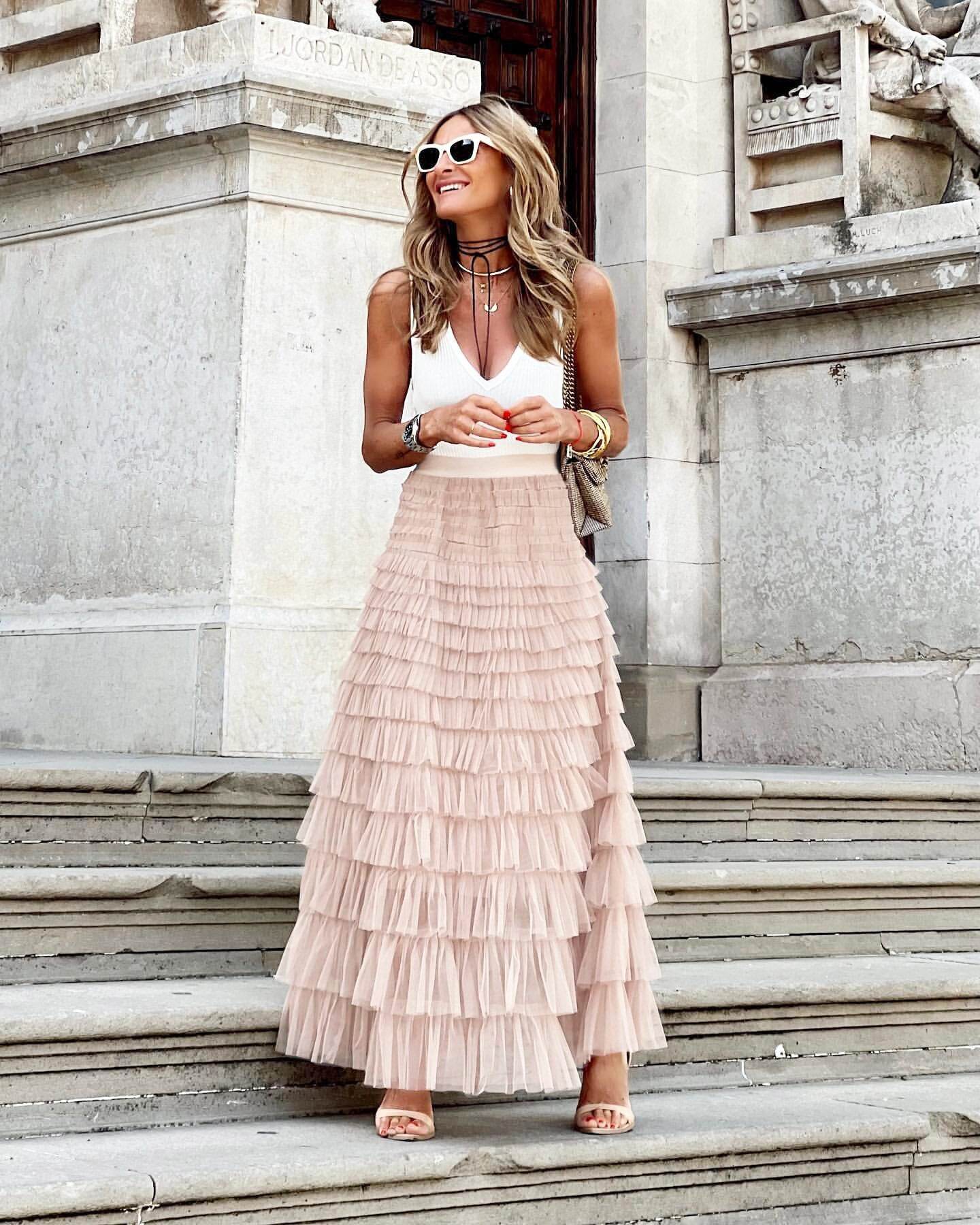 Layered Ruffles Cake Skirt Summer Fashion A Line Swing Mesh Long Skirt Party Dress Women - Velora