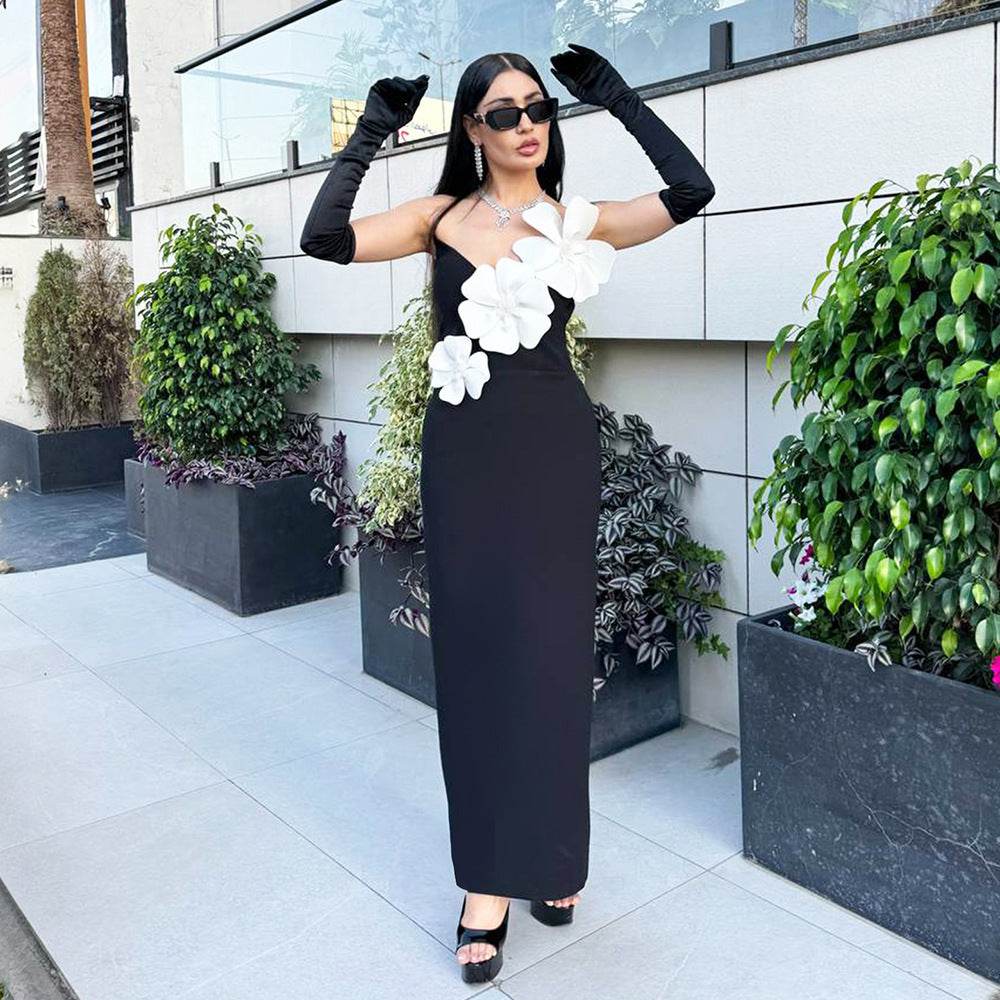 Black Backless Bandage Chest White Exquisite Flower Decorative Dress For Women Dress - Velora