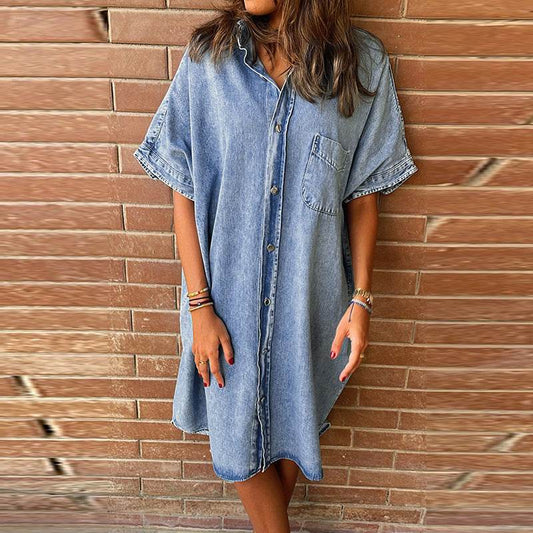 Women's Solid Color Single Row Multi-buckle loose Dress Short Sleeve Denim