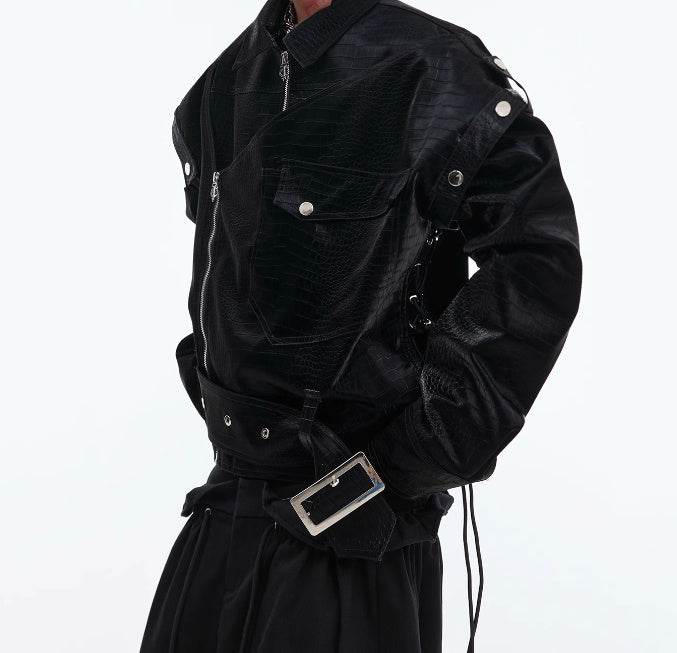 Padded Shoulder PU Leather Coat Deconstruction Design Sense - Velora