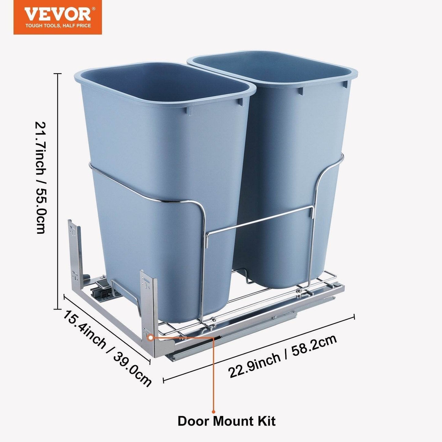 Pull-Out Trash Can, 35Lx2 Double Bins, Under Mount Kitchen Waste Container With Slide And Door Mounting Kit, 110 Lbs Load Capacity Heavy Duty Garbage Recycling Bin For Kitchen Cabinet, Sink - Velora