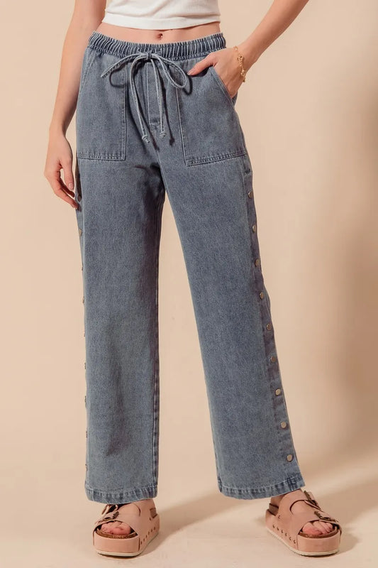 SO ME Mid Rise Drawstring Jeans with Side Snap Button - Velora