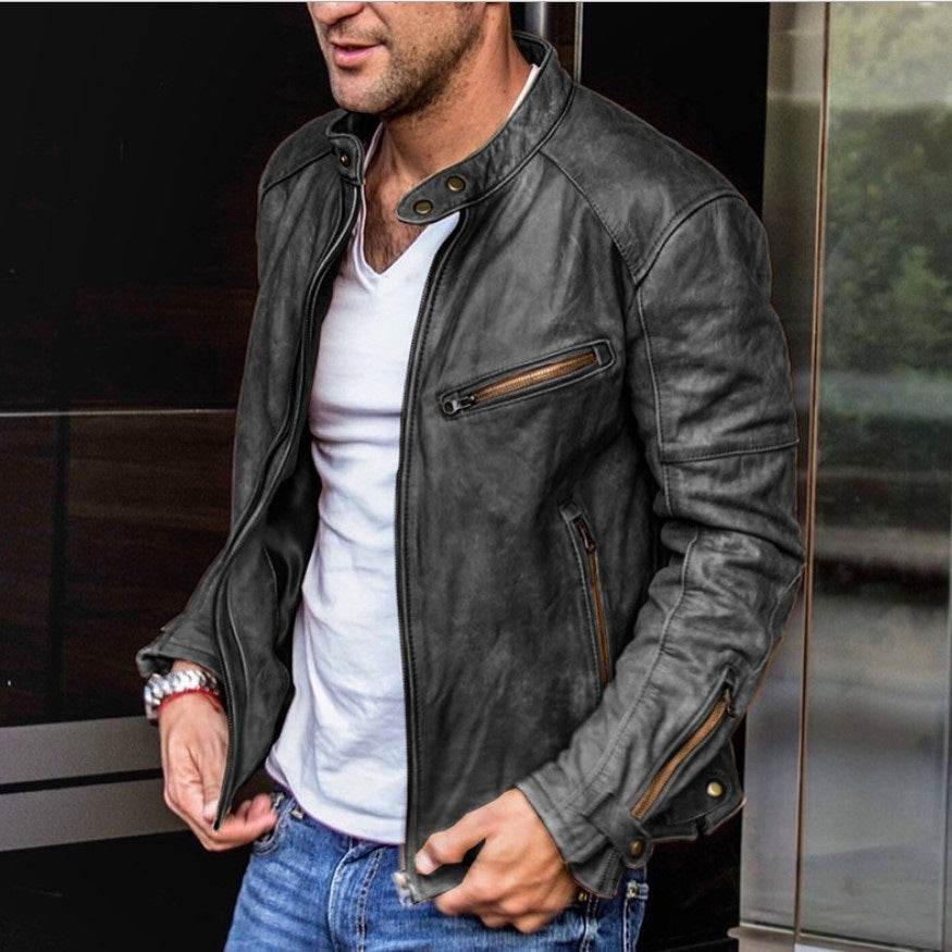 Fall Winter Men PU Leather Stand Collar Punk - Velora