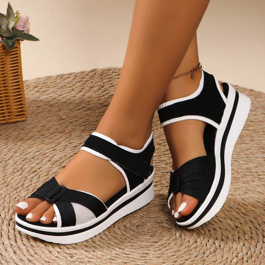 Summer Mesh Cross-strap Sandals With Velcro-design Thick Sole Flats Beach Shoes Women - Velora