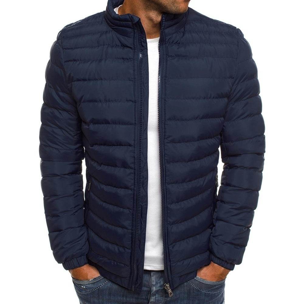 Men Jacket Zipper Solid Color Long Sleeves Pockets Coldproof Autumn Thicken Cotton Padded Overcoat For Outdoor - Velora
