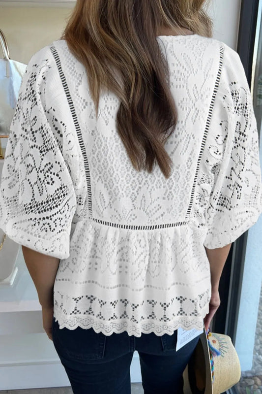 Lace Crochet Hollowed Scallop Hem V Neck Blouse - Velora