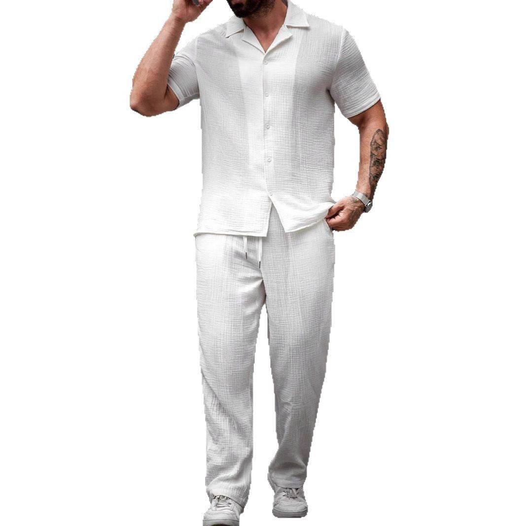 Polo Collar Solid Color Short Sleeve Button Trousers Men's Casual Shirt Outfit - Velora