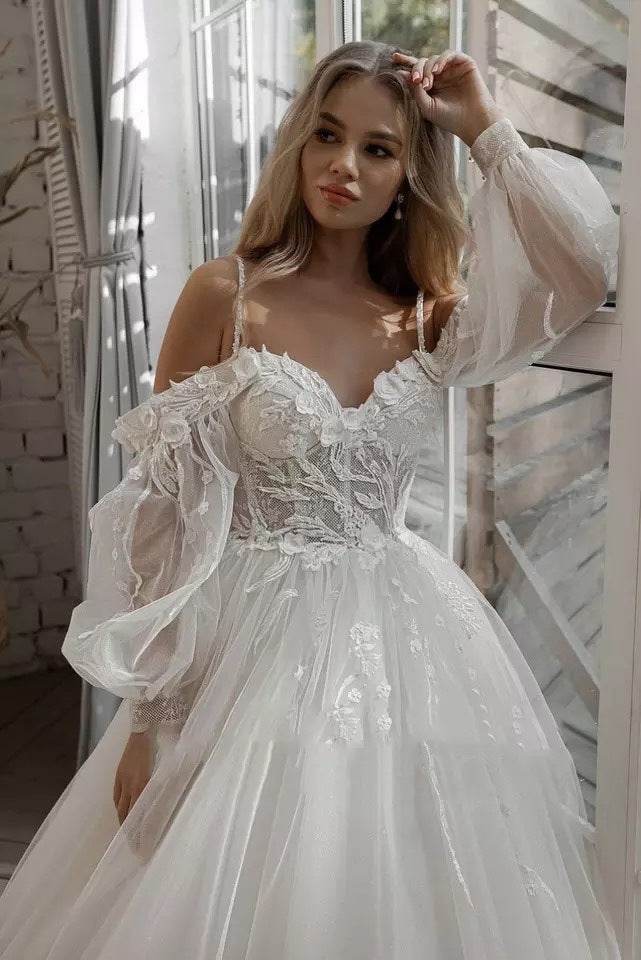 Boho Bride Gown Puff Sleeve Off Shoulder Wedding Dresses - Velora