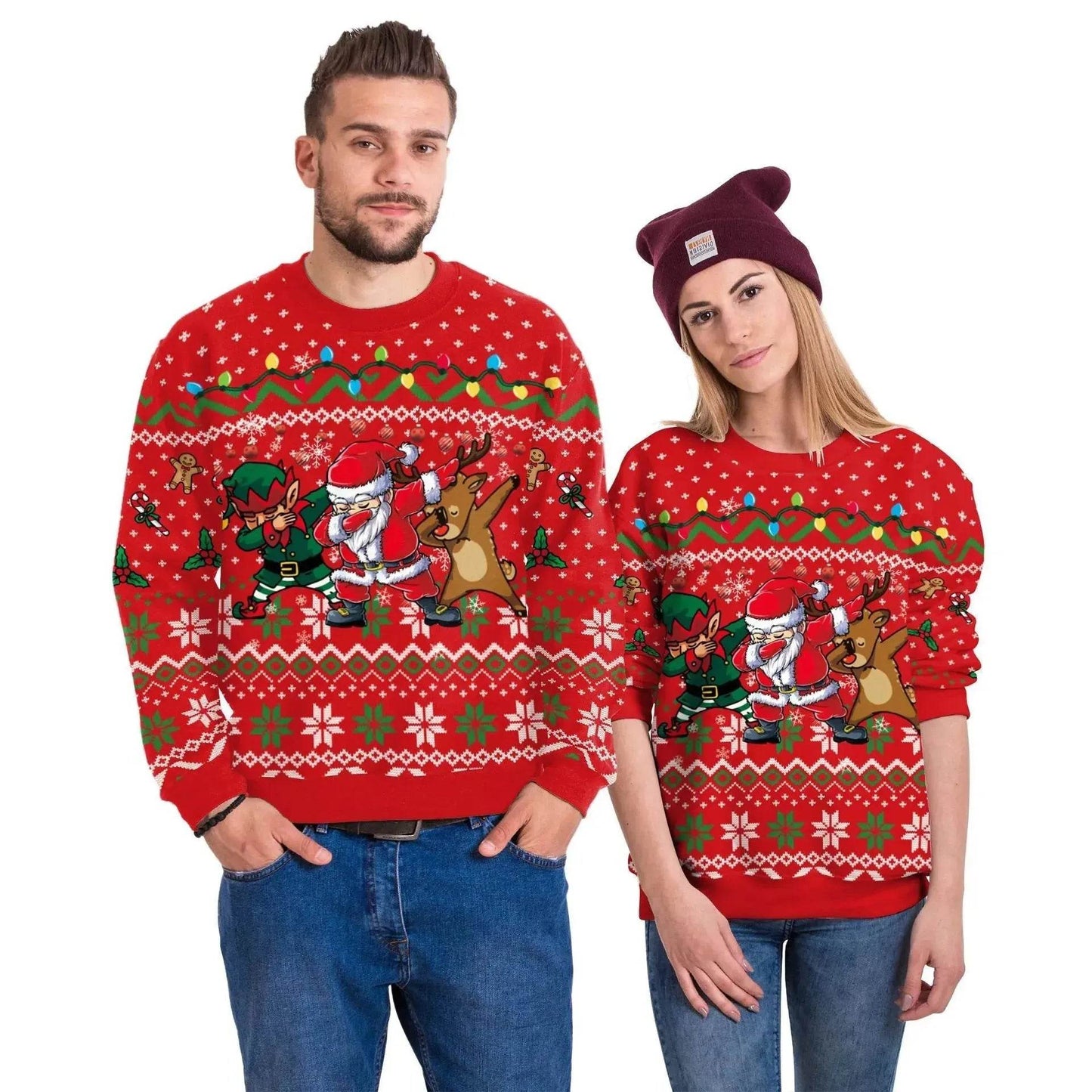 Men And Women Digital Printing Christmas Round Neck Sweater Tops - Velora