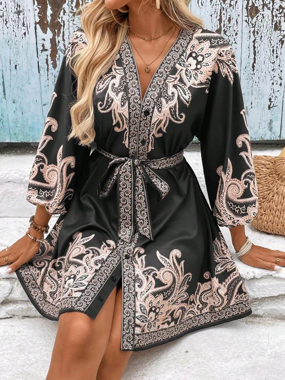 Paisley V-Neck 3/4 Sleeve Mini Dress - Velora