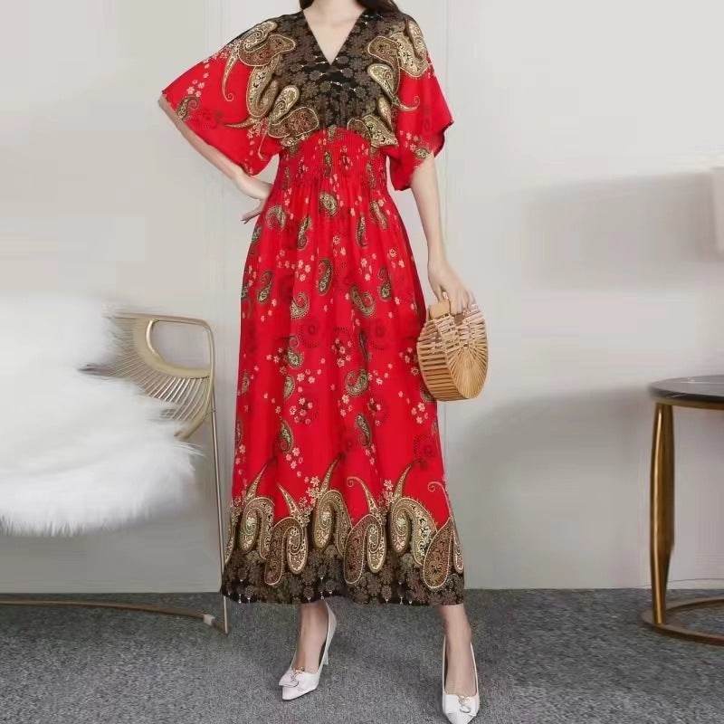 Cotton Silk Floral Dress Women's Summer Ethnic Style V-neck Short Sleeve Pastoral Style Skirt - Velora