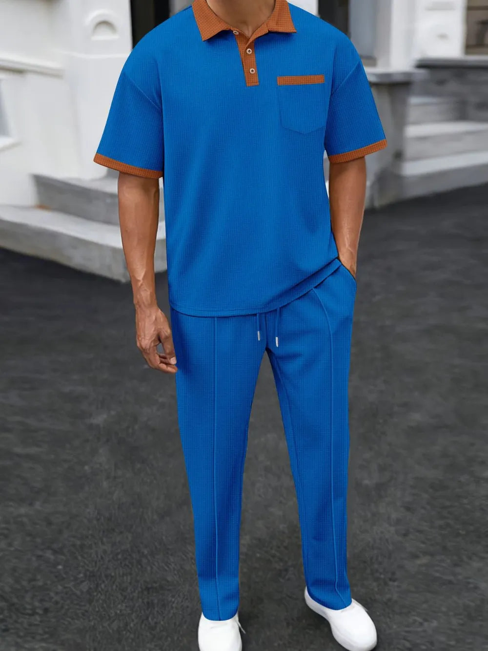 Men's Full Size Waffle-Knit Contrast Polo and Pants Set Plus Size - Velora