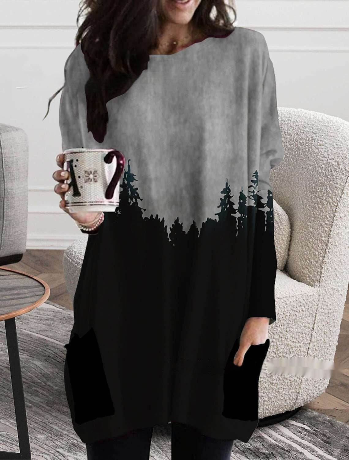 Women's Round Neck Mid-length Long-sleeved T-shirt With Pockets - Velora