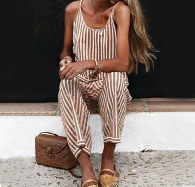 Striped Bib Jumpsuit With Pockets Summer Fashion Loose Wide-leg Pants For Women Clothing - Velora