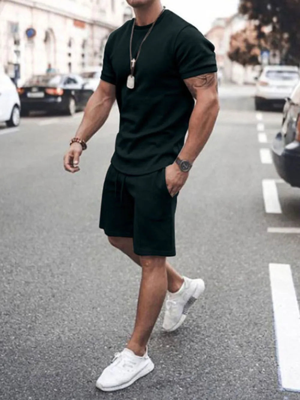Men's Plus Size Round Neck Short Sleeve Top and Shorts Set - Velora