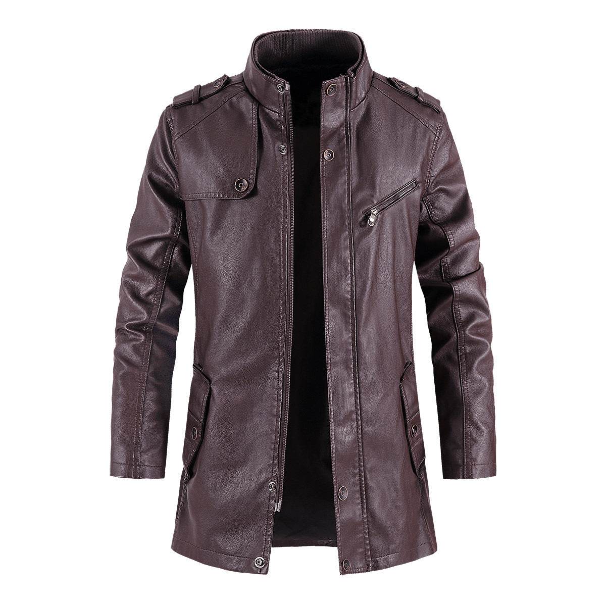 Men's Fashionable Standing Collar Plush Leather Jacket - Velora