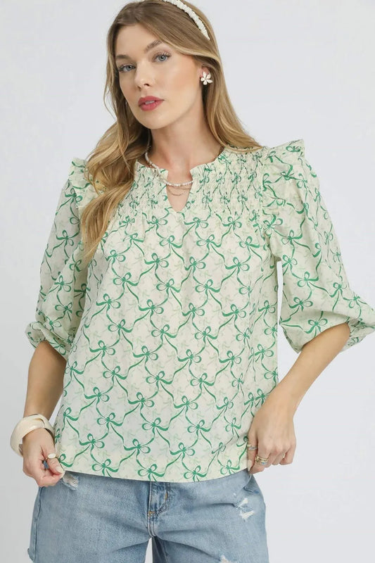 Umgee Ruffled Bow Print Notched Blouse - Velora