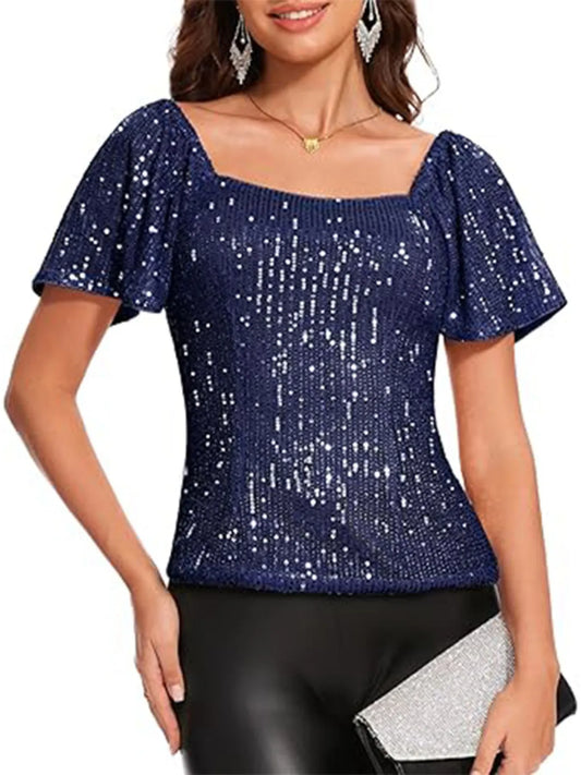 Square Neck Sequin Short Sleeve Blouse - Velora