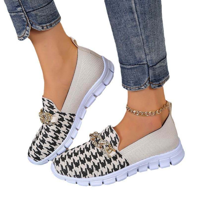 Casual Houndstooth Print Chain Mesh Shoes Summer Walking Sports Flat Shoes Women Breathable Loafers - Velora