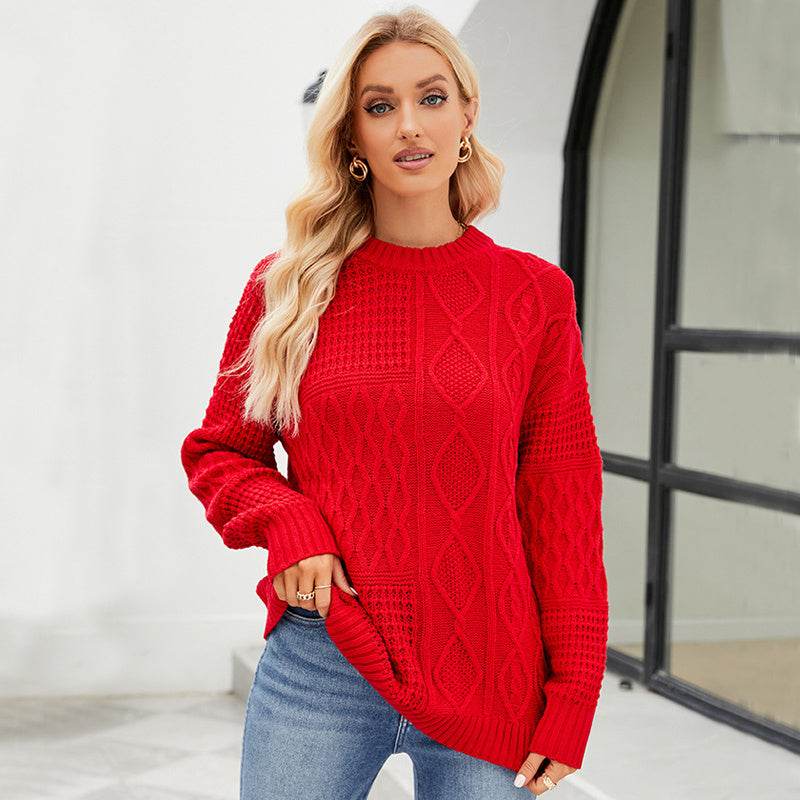 Casual Round-neck Pullover Sweater Fall Winter Solid Color Cable-knot Pattern Tops Women Clothing - Velora