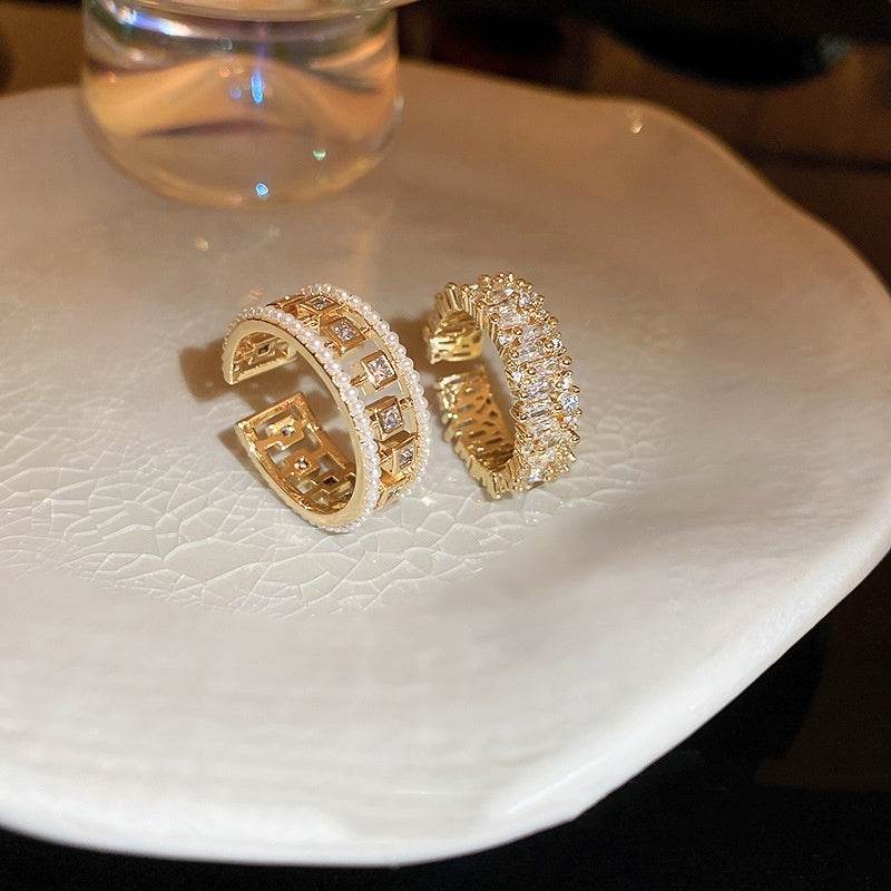 Pearl Hollowed-out Square Open-end Zircon Ring European And American Fashion Ring Female Jewelry - Velora