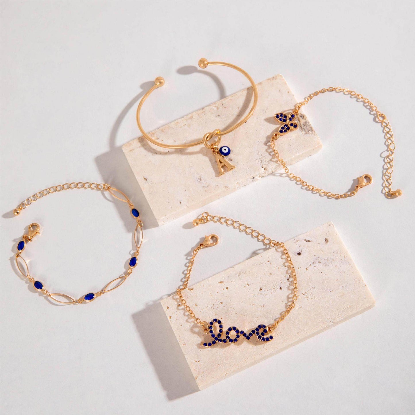 4pcs Blue Flower Love Butterfly Bracelet Set With Rhinestones Design Valentines Day - Velora