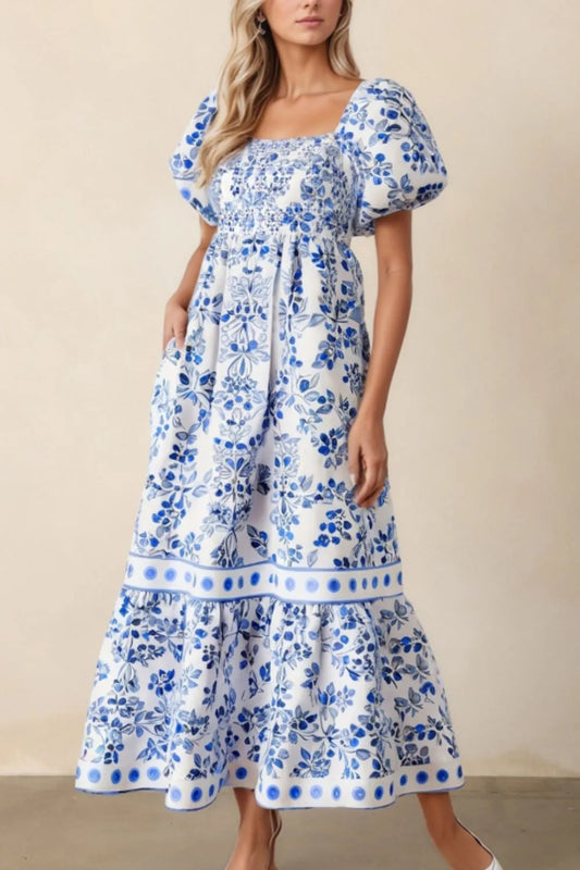 Smocked Printed Square Neck Puff Sleeve Dress - Velora