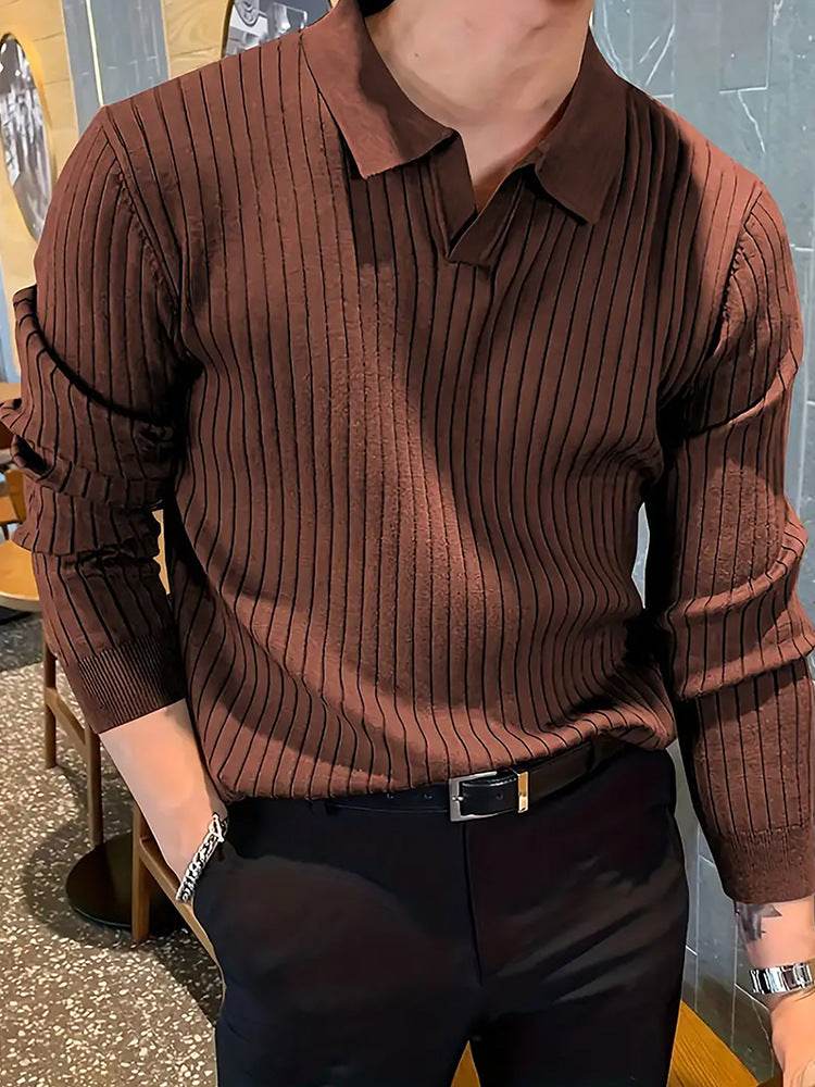 Lapel Texture Stretch Slim Knit Polo Shirt Men Polo Shirt Fashion Waffle Long-sleeved Tops Clothing Casual Comfortable Golf Men's Clothing - Velora