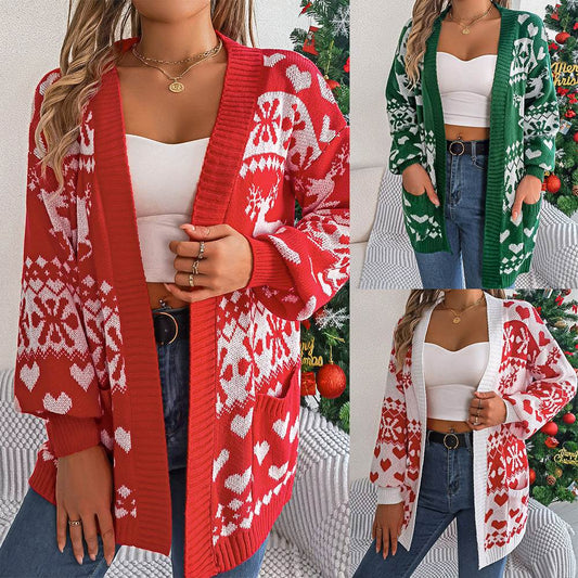 2024 Christmas Clothes Women's Open Front Cardigan Knitwear Lantern Sleeve Xmas Printed Oversized Deer Sweater Pockets Knitted - Velora