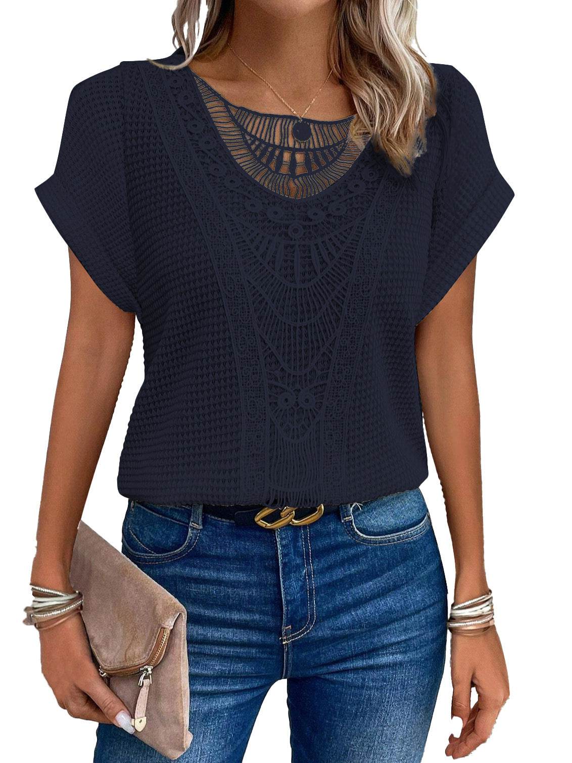 Summer Hollow Out Short-sleeved T-shirt Women's Clothing - Velora