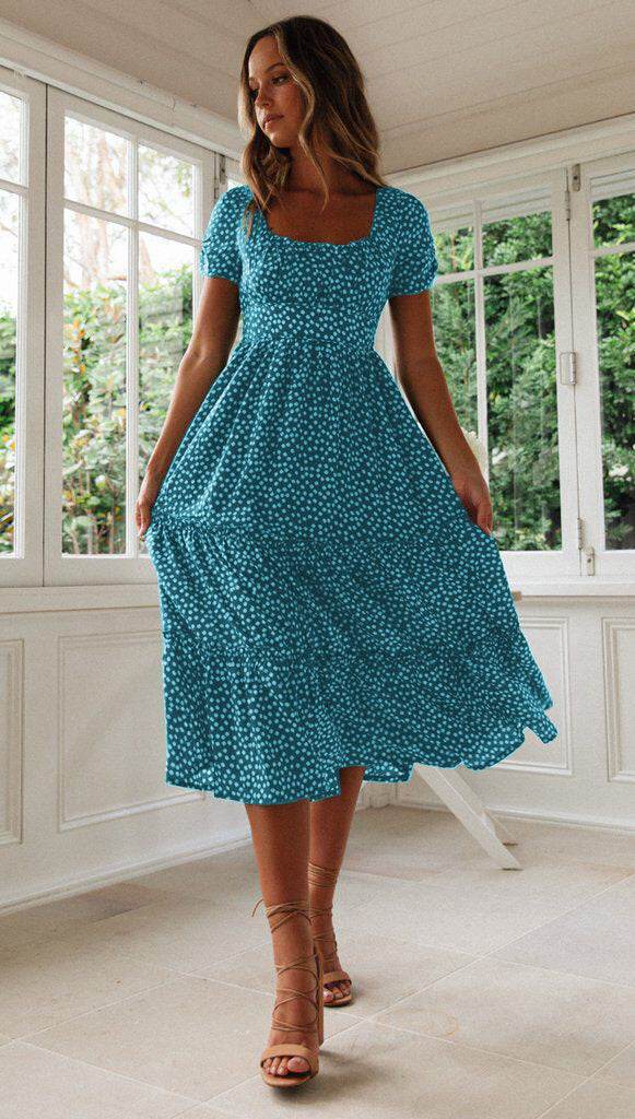 Square Collar Short Sleeve Dress Summer Puff Floral Printed Dress Long Dresses - Velora