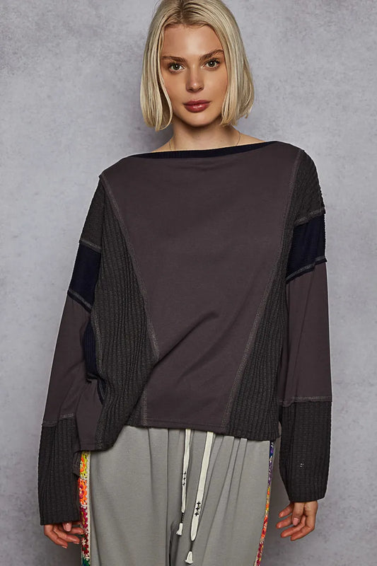 POL Contrast Round Neck Long Sleeve T-Shirt - Velora