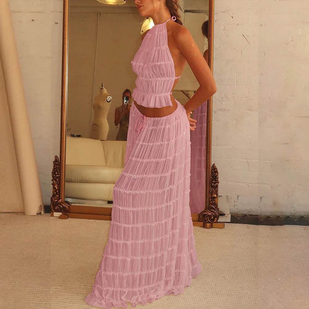 2pcs Women's Dress Suit Sexy Sleeveless Backless Cropped Halter Top And Pleated Long Dress - Velora