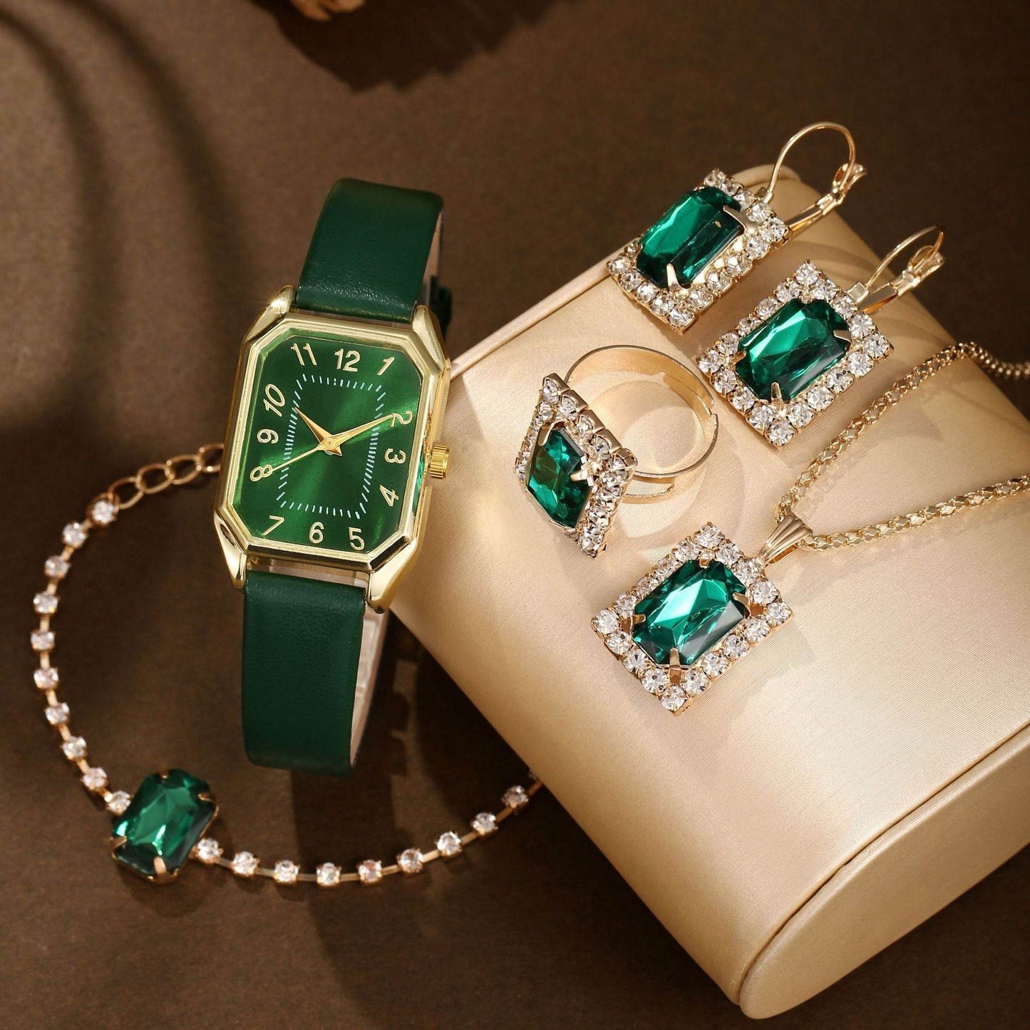 Leather Women's Watch Square Quartz Watch Korean Necklace Earrings Ring Set - Velora