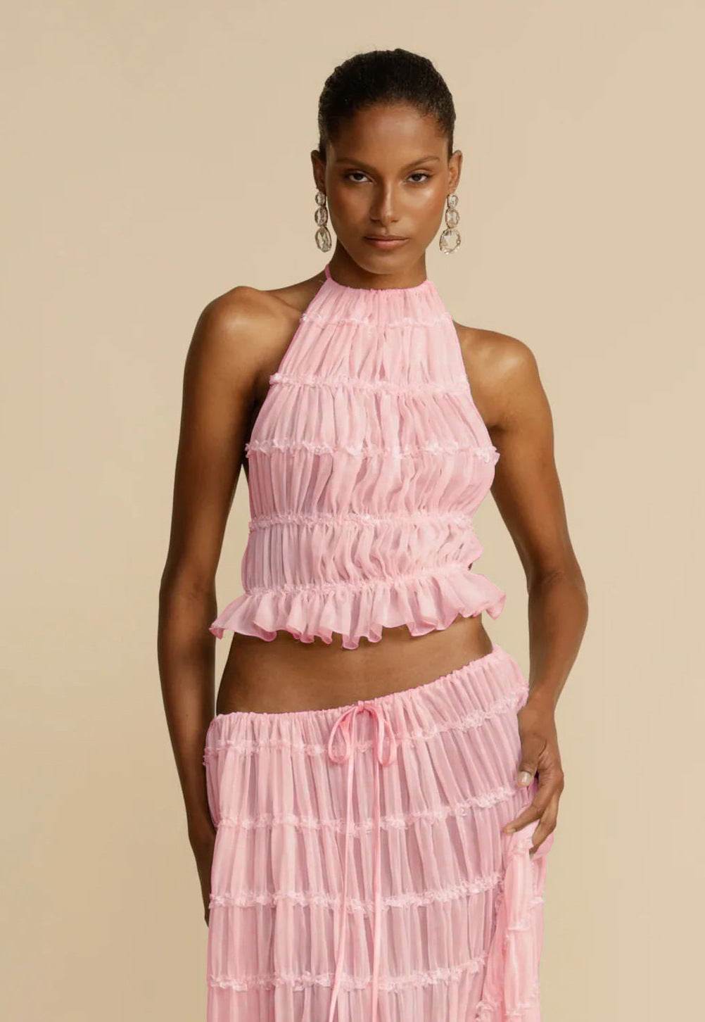 2pcs Women's Dress Suit Sexy Sleeveless Backless Cropped Halter Top And Pleated Long Dress - Velora