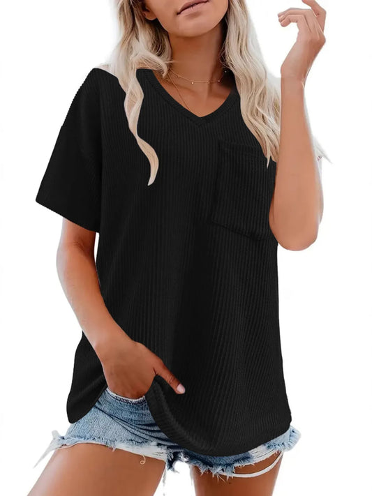 Ribbed V-Neck Oversized T-Shirt - Velora