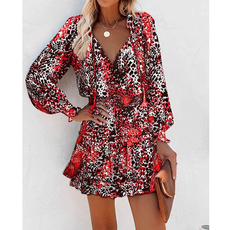 Flowers Print Long Sleeve Dress Fashion Patchwork Puff Sleeve Waist Dresses Womens Clothing - Velora