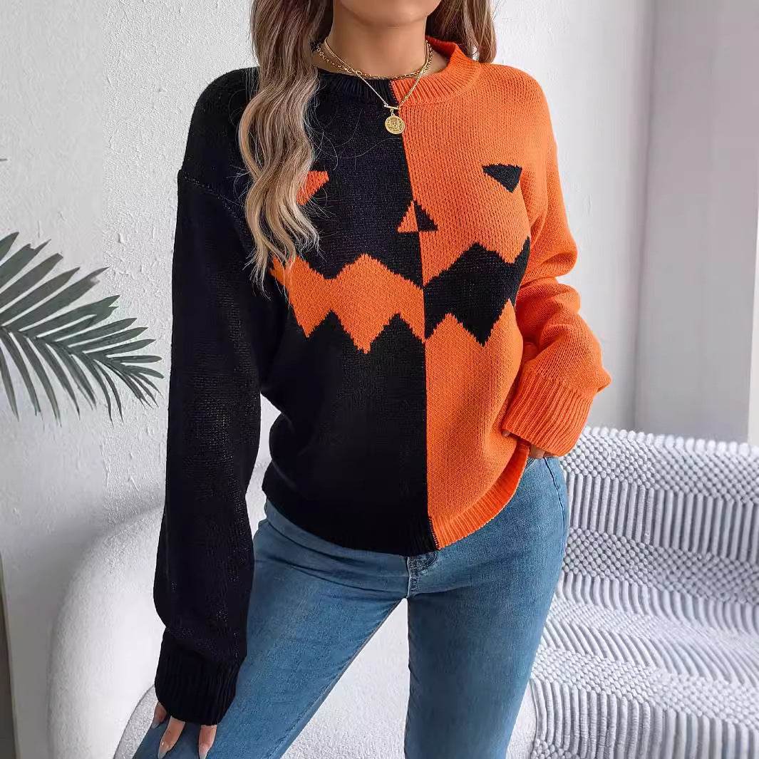 Halloween Contrast-color Pullover Sweater Fashion Long Sleeve Knitted Tops For Womens Clothing - Velora