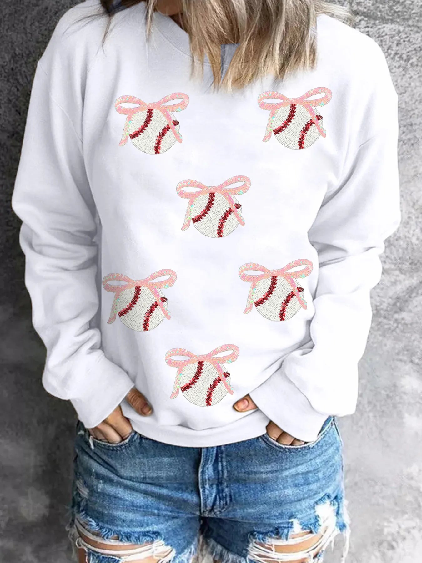 Sequin Bow Baseball Patched Casual Sweatshirt - Velora