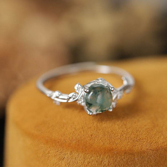 S925 Silver Green Moss Ring Water Plants Agate Stone Finger Ring - Velora