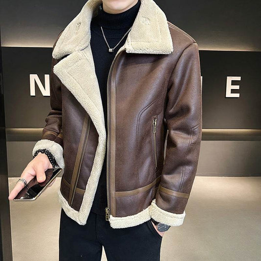 Fur Integrated Motorcycle Jacket Men's Fleece-lined Thickened Leather Jacket - Velora