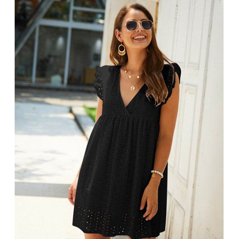 Summer V-neck Cotton Short Skirt Solid Color Dress - Velora
